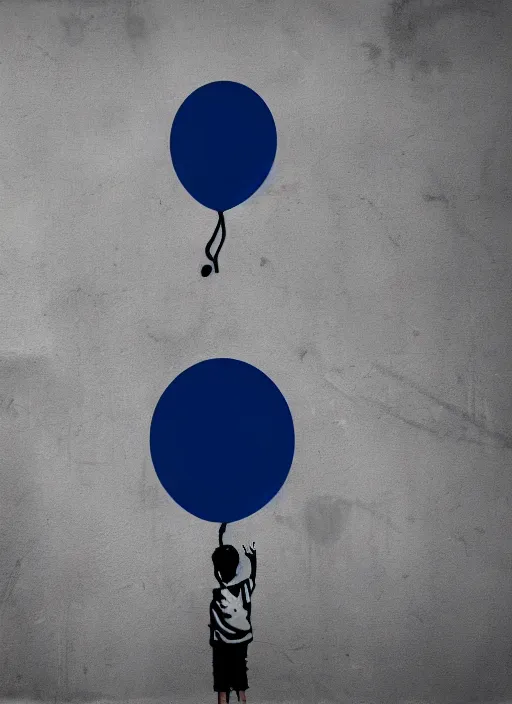 Prompt: A black and white graffiti of boy holding a single graffiti dark blue balloon on a concrete background in the style of Banksy, graffiti, digital art