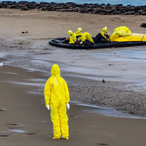 Image similar to Professional Photography, long shot, People in yellow chemical hazmat suits are investigating a huge creepy black creature washed up on the beach.