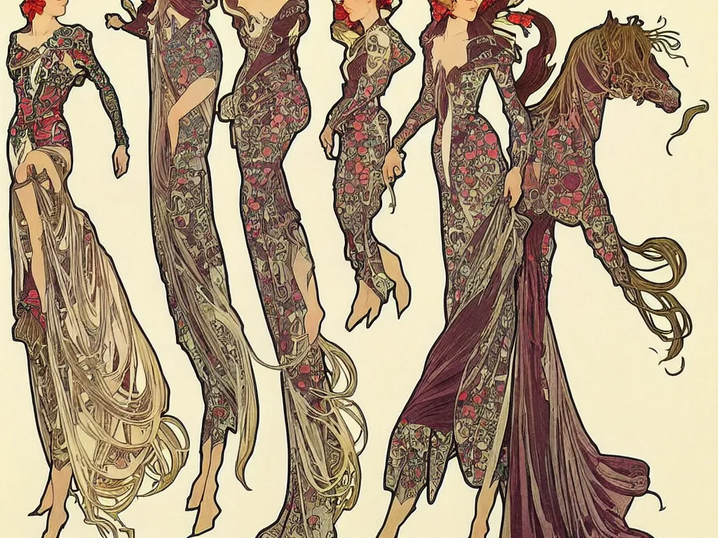 Image similar to 4 elegant full length spider horse dress designs with natural history prints designed by alphonso mucha