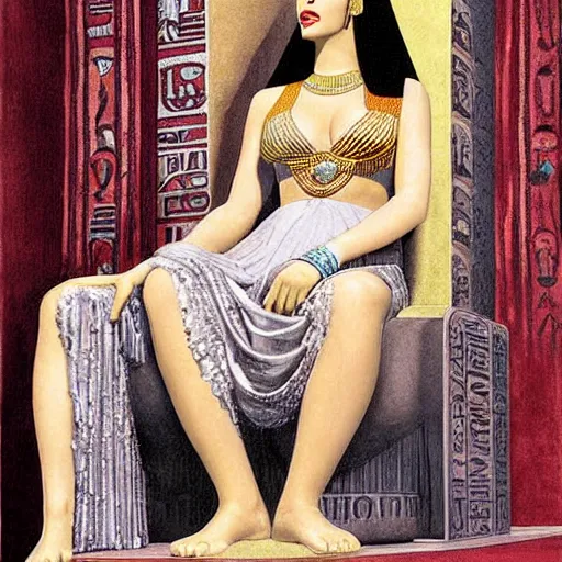 Image similar to Cleopatra sitting on her throne Egyptian architecture Monica Bellucci painted by Alberto Vargas