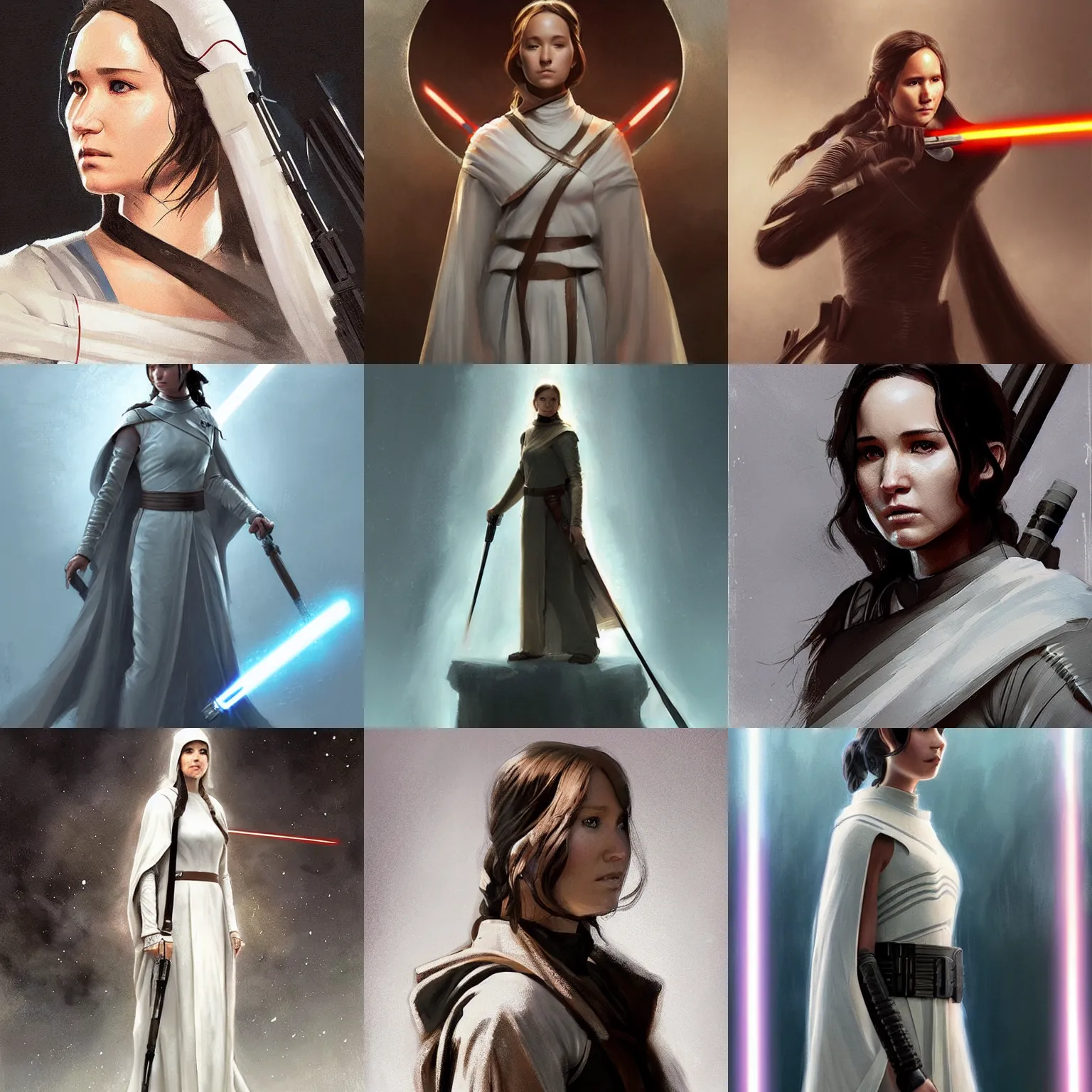 Prompt: ( ( ( ( ( ( ( ( ( ( katniss everdeen ) ) ) ) ) ) ) ) ) ) as a jedi!!!!!!!!!! knight, white jedi robes, star wars, digital portrait by greg rutkowski, intricate, sharp focus, cinematic, epic, artstation