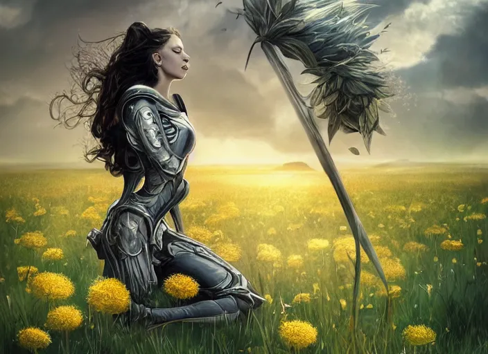 Prompt: a knightess kneeling on a field of dandelions, dramatic, wonderful shading, realistic perfect face, concept art, dynamic pose, digital illustration, trending on artstation, intricate details, epic composition, sharp focus, 8 k uhd, masterpiece, wlop, ross draws