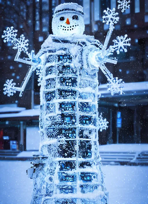 Image similar to photo of a cyber snowman, cyberpunk, made of snow and metal, interesting angle, sharp focus, 8 k high definition, insanely detailed, intricate, intelligent, art by kazuya takahashi, fenghua zhong, sangsoo jeong, kevin hou