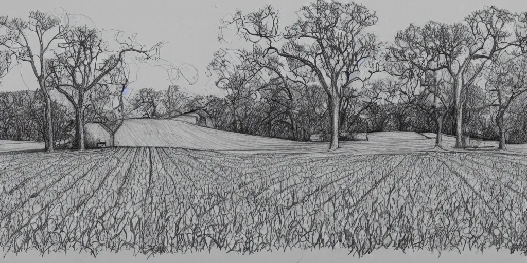 Prompt: stunning drawing of a farm landscape by brian k. vaughan