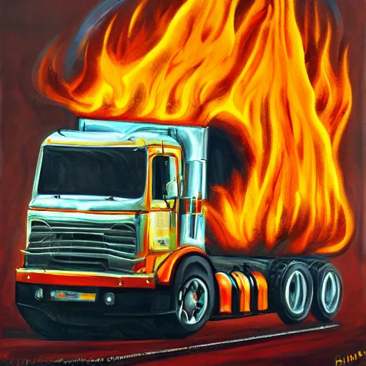 Image similar to painting of a flaming truck