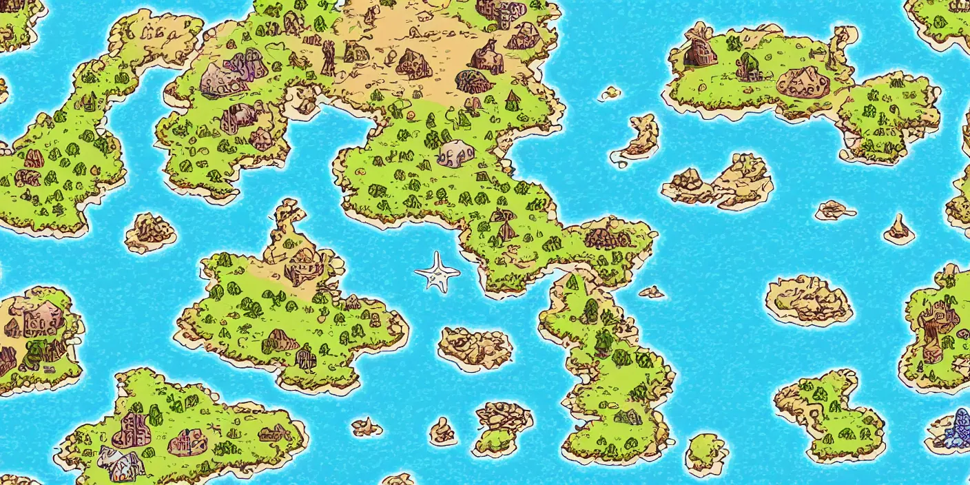 Prompt: a rpg map with regions in separated colors surrounded by ocean detailed, flat colors and strokes