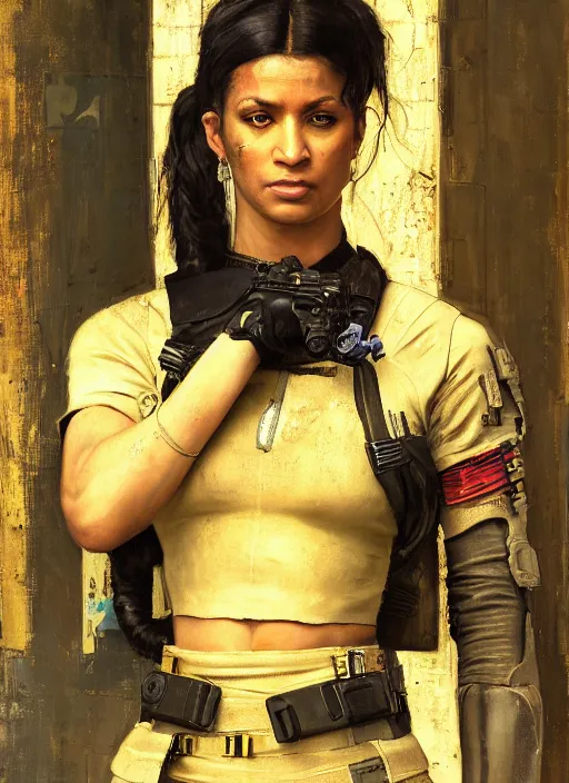 Prompt: maria igwe. cyberpunk mercenary wearing a military vest and combat jumpsuit. (Cyberpunk 2077, bladerunner 2049). Iranian orientalist portrait by john william waterhouse and Edwin Longsden Long and Theodore Ralli and Nasreddine Dinet, oil on canvas. Cinematic, hyper realism, realistic proportions, dramatic lighting, high detail 4k