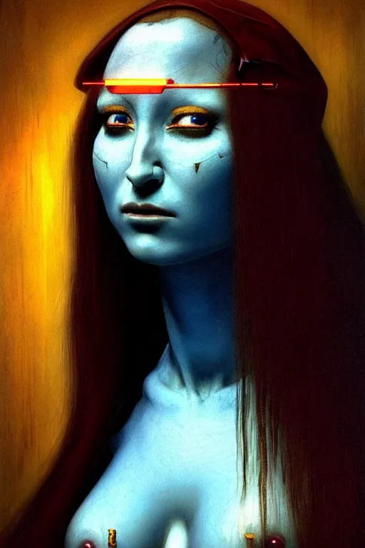 Image similar to character portrait cyberpunk starcraft terran warhammer 4 0 k space marine tech priest warrior princess ( ( ( ( ( ( ( ( totally definitely not negative no not mona lisa inspired ) ) ) ) ) ) ), beksinski character design, painting by gaston bussiere, katsuya terada, frank frazetta, tom of finland, trending on artstation