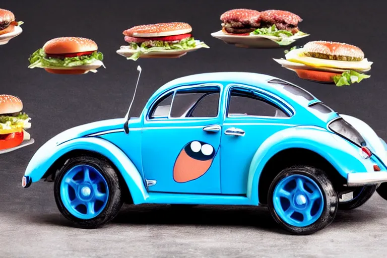 Prompt: a blue beetle car with burgers for wheel rims