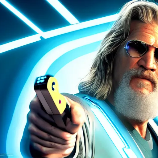 Prompt: jeff bridges as the dude lebowski in tron realm, photorealistic movie still, detailed 8 k, poster style, high resolution