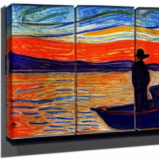 Prompt: sunset with boat style of edvard munch