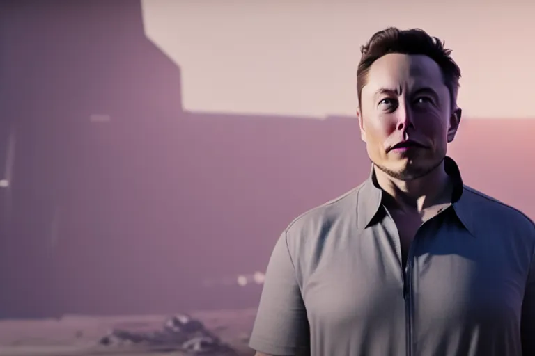 Image similar to a cinematic still of Elon musk, gigantic torso, octane render, nvidia raytracing demo