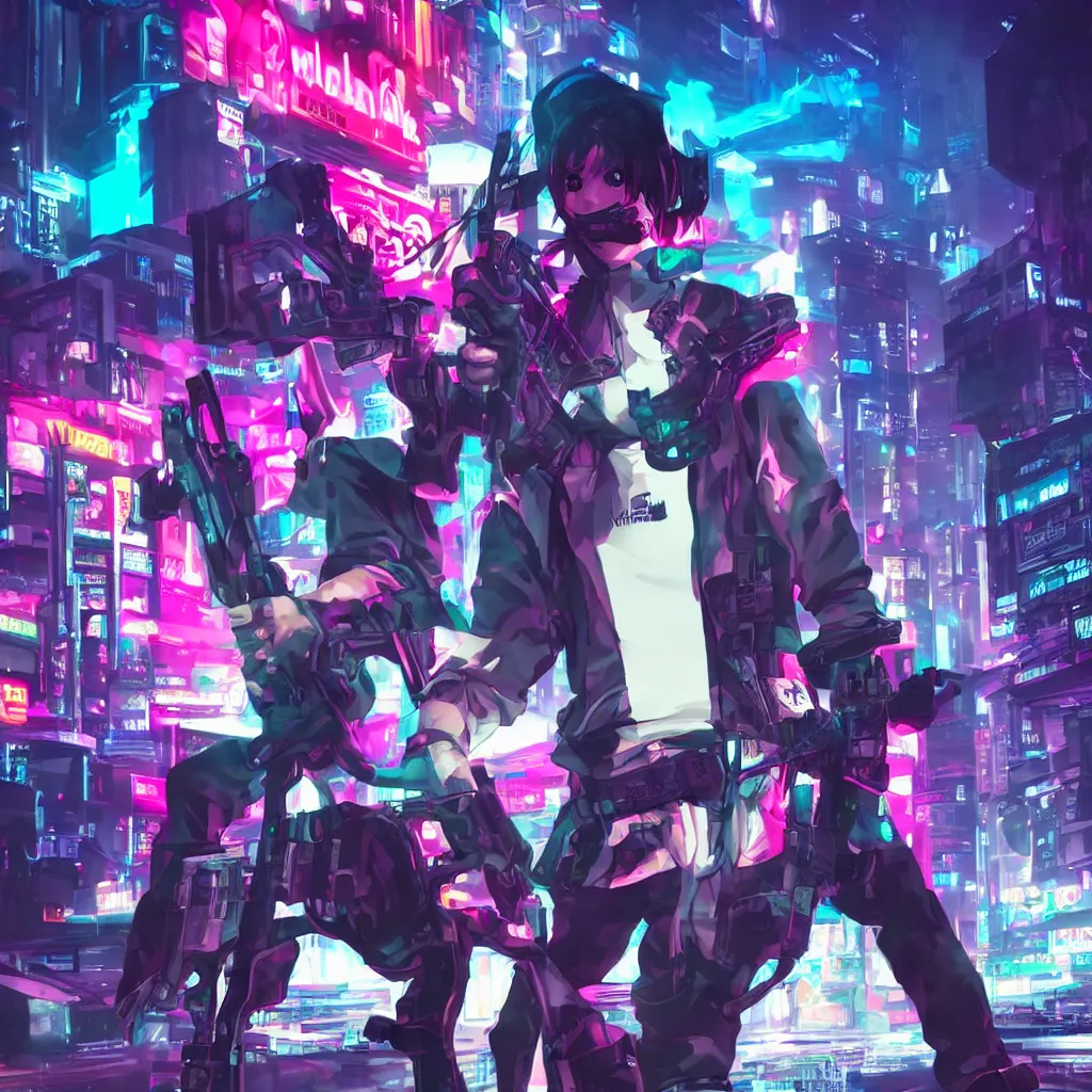 Prompt: portrait of Reaper (The World Ends With You) holding gun, cyberpunk aesthetic, city skyline on background, neon lights, glow, retrowave style