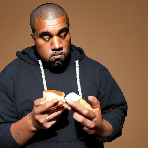 Image similar to extremely fat Kanye west eating Nutella from the bottle