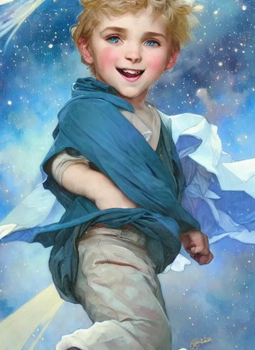 Image similar to a cute little boy with a mischievous face, blue eyes, and tousled blonde hair smiles as he floats in space with stars all around him. he is wearing a turquoise outfit. beautiful painting by artgerm and greg rutkowski and alphonse mucha