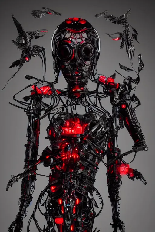 Image similar to full-body cyberpunk style sculpture of a young beautiful dark priestess, half android with a head opening exposing circuitry, glowing red eyes, black roses, flowing blood red colored silk, fabric, candles. baroque elements, human skull. full-length view. baroque element. intricate artwork by caravaggio. crows flying in background. Trending on artstation. octane render. cinematic lighting from the right, hyper realism, octane render, 8k, depth of field, 3D