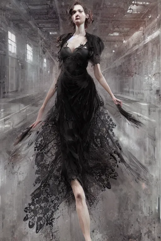 Image similar to a girl wearing a black lace dress and thigh highs walking in an abandoned factory, digital art, beautiful face, expressive oil painting, by yoshitaka amano, by artgerm, by jeremy lipking, volumetrics, mood