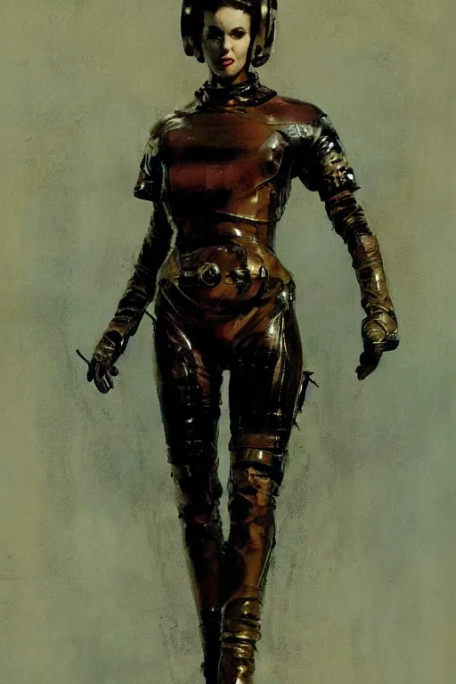 Image similar to pulp scifi fantasy illustration full body portrait of elegant woman wearing leather and metal spacesuit, by norman rockwell, jack kirby, bergey, craig mullins, ruan jia, jeremy mann, tom lovell, 5 0 s, astounding stories, amazing, fantasy, other worlds