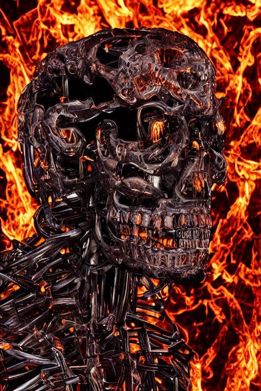 Image similar to detailed matte portrait of a t 8 0 0 endoskeleton shrouded in fire and burning embers, intricate, elaborate, specular, chrome, reflection, chromatic abberation