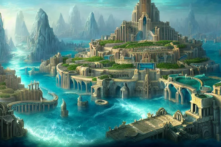 Prompt: a beautiful complex insanely detailed matte painting of the magical city of Atlantis by Heironymous Bosch and Tyler Edlin