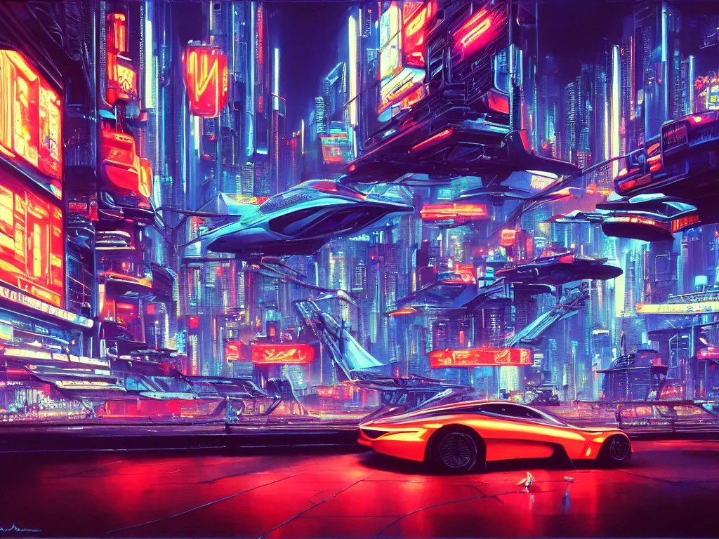 Prompt: hyperrealistic painting of a slice of life from a futuristic city, mechanical designs, night, technological, cinematic, futuristic cars, cyberpunk ads, bright neon lights, sharp focus, cyberpunk style, highly detailed!, realism, acrylic on canvas, 8 k resolution, concept art, by noriyoshi ohrai, john berkey, moebius