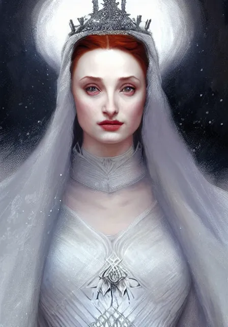 Image similar to sansa angeline jolie gessica chastain snow queen, intricate, elegant, highly detailed, digital painting, artstation, concept art, smooth, sharp focus, illustration, art by artgerm and greg rutkowski and alphonse mucha and william - adolphe bouguereau