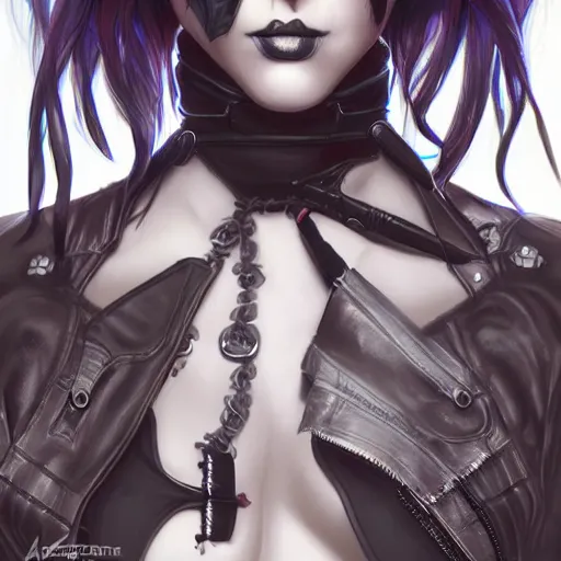 Prompt: A pale cyberpunk goth girl, cover by Artgerm