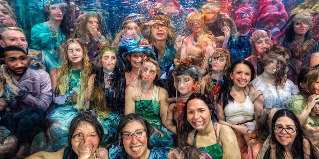 Image similar to detailed colour photographic masterpiece group portrait of people sat down extreme closeup, in the inside of the full crowded beautiful underwater train to atlantis, realistic and lifelike expressions, crowds of people sat down wearing unusual clothes