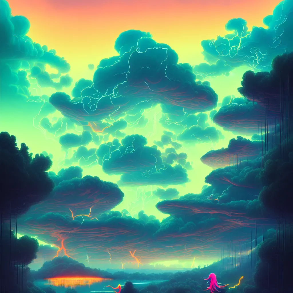 Image similar to illustration of a data-center, connector, firewall, cloud, security, river, trees, thunderstorm, trending on Artstation, painting by Jules Julien, Leslie David and Lisa Frank and Peter Mohrbacher and Alena Aenami and Dave LaChapelle muted colors with minimalism