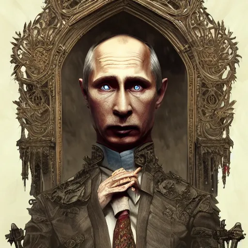 Image similar to zombie Putin in Kremlin, fantasy, intricate, highly detailed, digital painting, artstation, concept art, smooth, sharp focus, illustration, art by artgerm and greg rutkowski and alphonse mucha