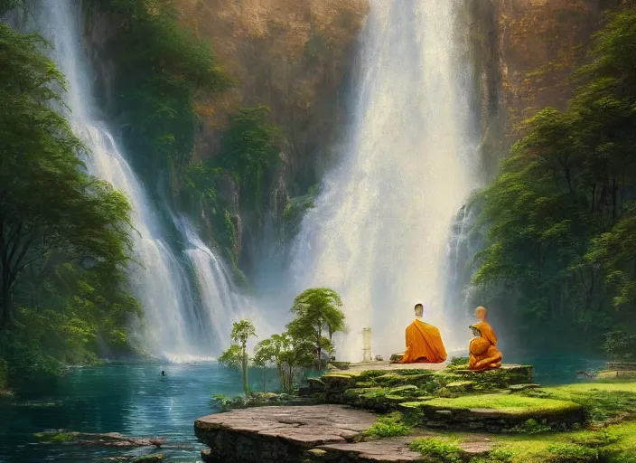 Prompt: a beautiful picture of waterfall in full bloom, palace, monk meditate, golden ratio, perfect symmetrical, greg rutkowski, thomas kinkade, artstation, * * * * * * * *