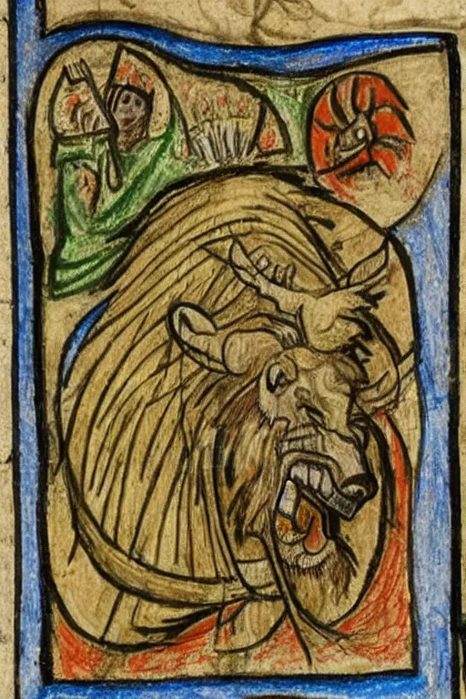 Image similar to Terrible Medieval Drawings of a lion of an illuminated manuscript.