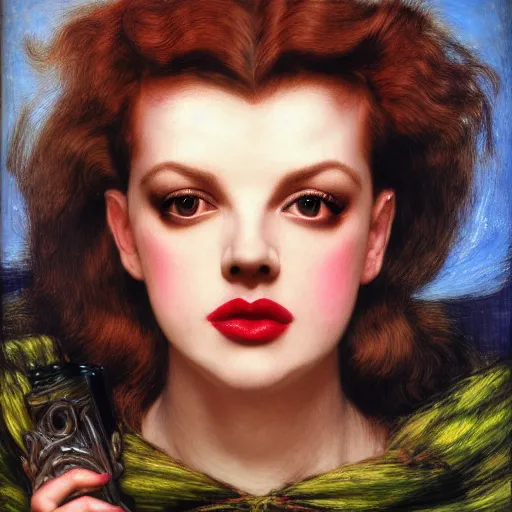 Prompt: portrait of a hybrid of judy garland and lady gaga, brown fringe, large full hollywood lips, large downslanted eyes, holman hunt, john william waterhouse, kilian eng, rosetti, john everett millais, william holman hunt, 4 k