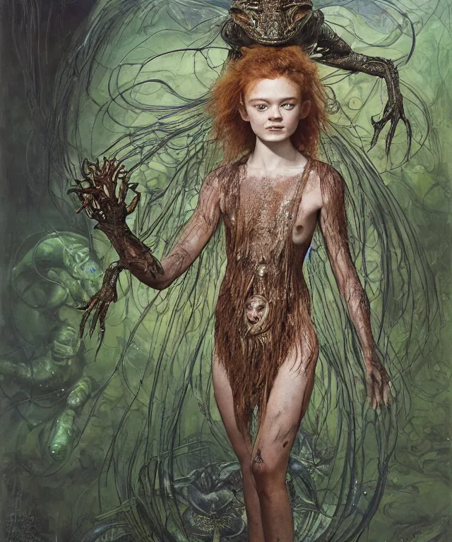 Prompt: a portrait photograph of a fierce sadie sink as an alien harpy queen with slimy amphibian skin. she is trying on black latex bulbous slimy organic membrane parasitic belts and transforming into an insectoid amphibian. by donato giancola, walton ford, ernst haeckel, brian froud, hr giger. 8 k, cgsociety