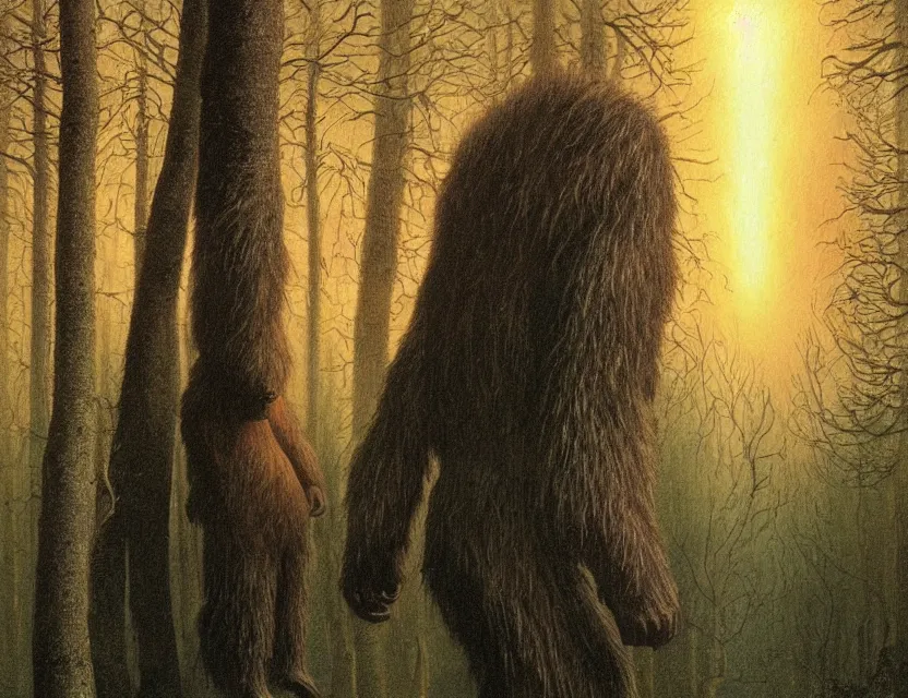 Prompt: a detailed portrait painting of a lone sasquatch with thick brown body fur. Head and chest only. Movie scene, cinematic sci-fi scene. accurate anatomy. portrait symmetrical and science fiction theme with lightning, aurora lighting. trees. Futurism by beksinski carl spitzweg moebius and tuomas korpi. intricate artwork by caravaggio. Oil painting. Trending on artstation. 8k