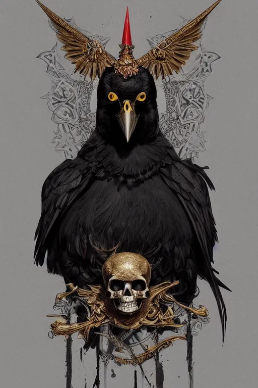 Prompt: painting of a crow sitting on a satanic skull, decorated, intricate, elegant, highly detailed, digital painting, artstation, concept art, smooth, sharp focus, illustration, art by artgerm and greg rutkowski and alphonse mucha, 8 k