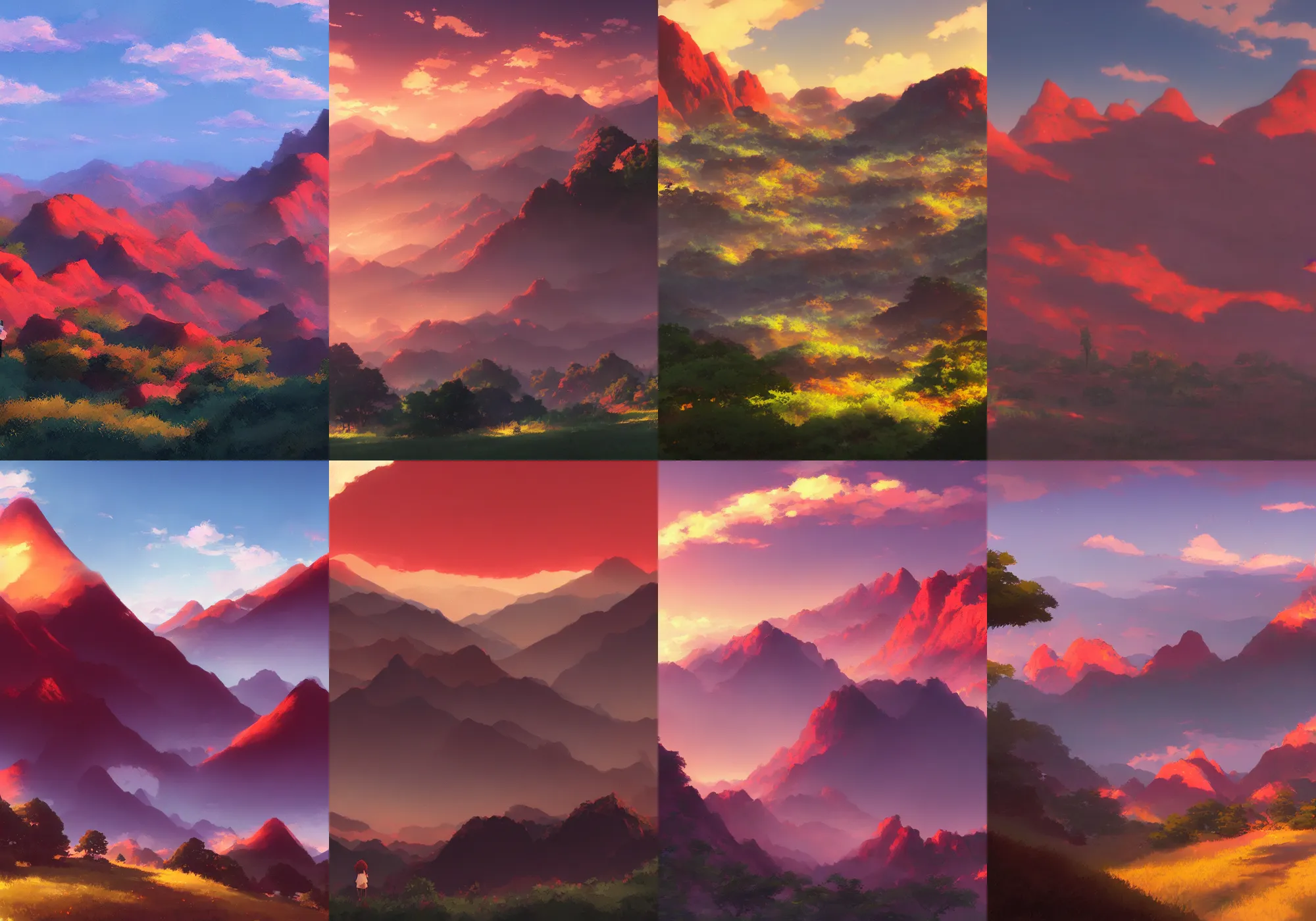 Image similar to landscape with red mountains, makoto shinkai