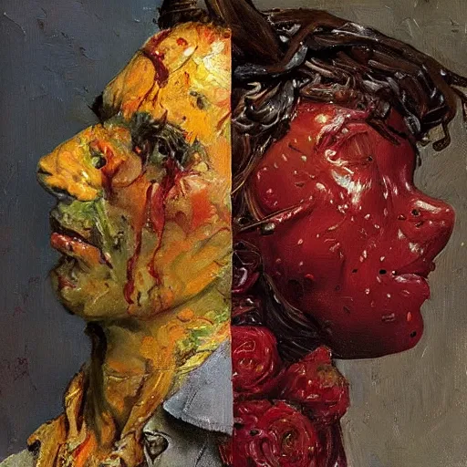 Prompt: a sculpture portrait made of candys and strawberries and melted chocolate and plants, painting part by wojciech siudmak, part by ilya repin, part by max ernst, part by norman rockwell, artstation