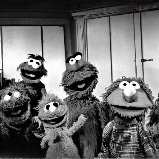 Prompt: a haunting dark cold picture of abandoned Sesame street, there are broken animatronics, 1936, old camera