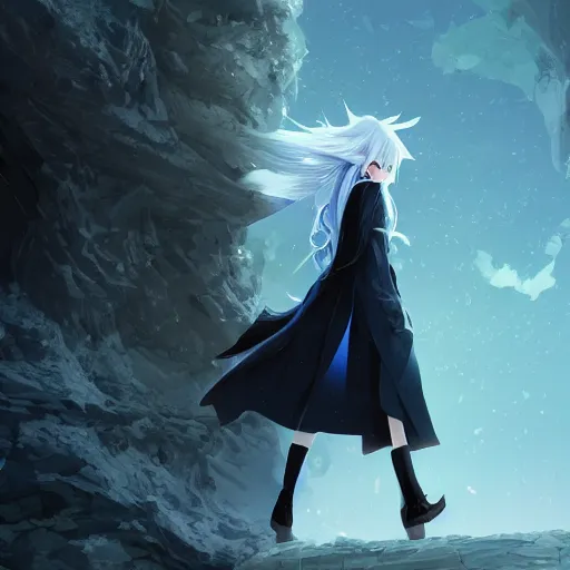 Image similar to low - angle shot from behind of a long blue - haired girl in a tailcoat overlooking demacia, combat boots, noir, screenshot, sharp focus, intricate, illustration, cell shaded, digital painting, highly detailed, straight hair, art by ilya kuvshinov, wlop, greg rutkowski, studio quality, james jean