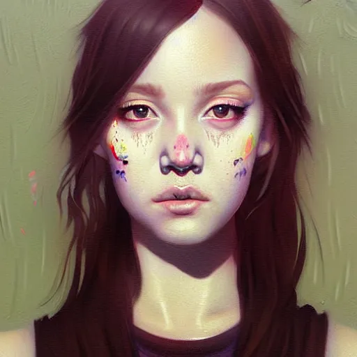 Image similar to Facial portrait of a pretty young cute girl, looking at the camera, slight awkward smile, lips slightly parted, no hands visible, extremely detailed painting by Greg Rutkowski and by Henry Justice Ford and by Harumi Hironaka