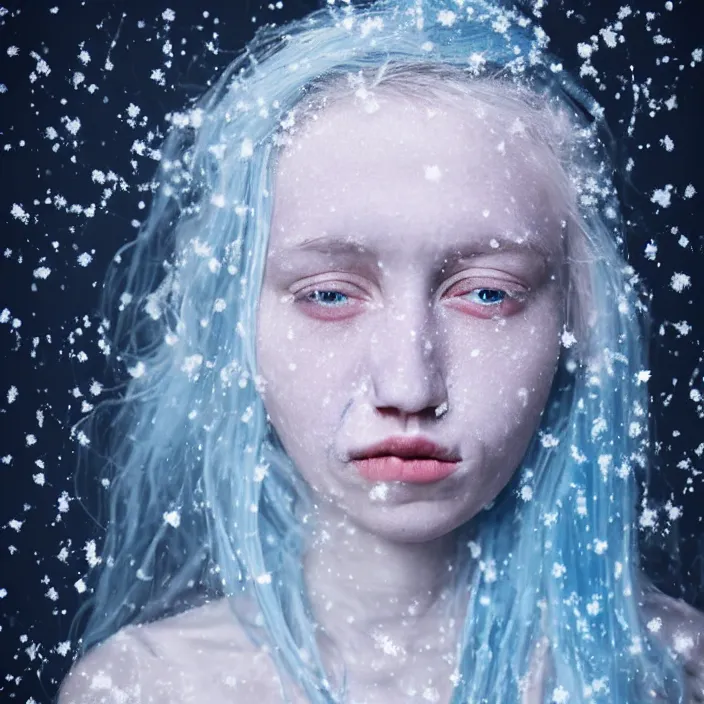 Prompt: a sickly looking young woman dying of hypothermia, with very white skin and pale blue hair wearing a long white dress made out of snowflakes in the middle of a heavy snowstorm. pale cold blue lips. full body digital portrait by maromi sagi