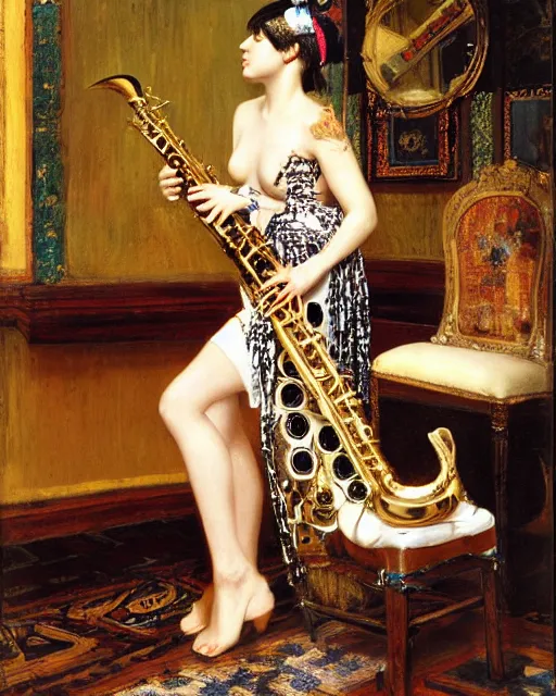 Prompt: Punk girl playing saxophone by Mario Testino, oil painting by Lawrence Alma-Tadema