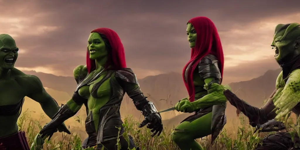 Image similar to beautiful photograph of Gamora taking mate with Scorpion from Mortal Kombat in the field with an ombú in the background. Medium shot.