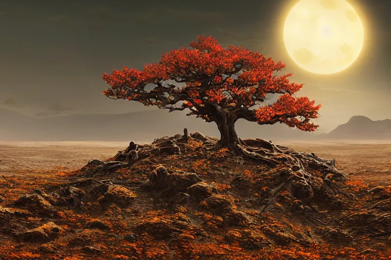 Prompt: cinematic fantasy landscape painting, an eclipse, over an autumn maple bonsai growing alone on a desolate sand dune in front of a primordial mountainous desert landscape of bones by hr giger and jessica rossier