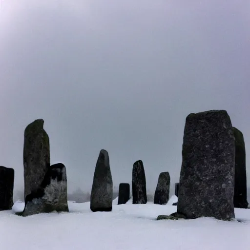 Prompt: 'hundreds of cats play among neolithic standing stones, in a haunting snow storm, fog, atmosphere, brooding clouds'