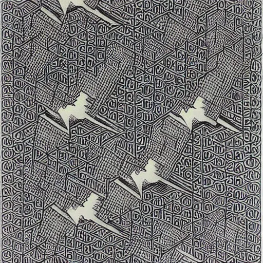 Image similar to white wolves transitioning into black geese by mc escher, aerial view, scared black geese flying, angry white wolves with teeth, hexagonal pattern, intricate details, ink shading, ink dots, mathematical interlocking, screen print, frameless