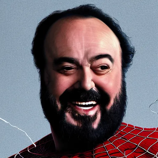 Image similar to luciano pavarotti as spiderman, highly detailed, 8 k