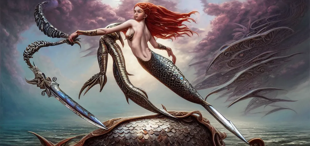 Image similar to a beautiful mermaid wearing metal armor holding an ornate sword, alien fish attack in the style of roger dean, realistic, sharp focus, 8 k high definition, insanely detailed, intricate, elegant, art by greg rutkowski and artgerm, extreme blur cherry blossoms background