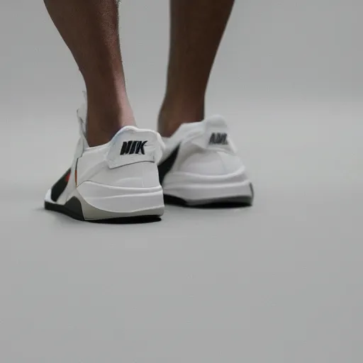 Image similar to a studio photoshoot of A Nike running sneaker designed by Virgil Abloh, mesh fabrics, Off-White, realistic, color film photography by Tlyer Mitchell, 35 mm, graflex